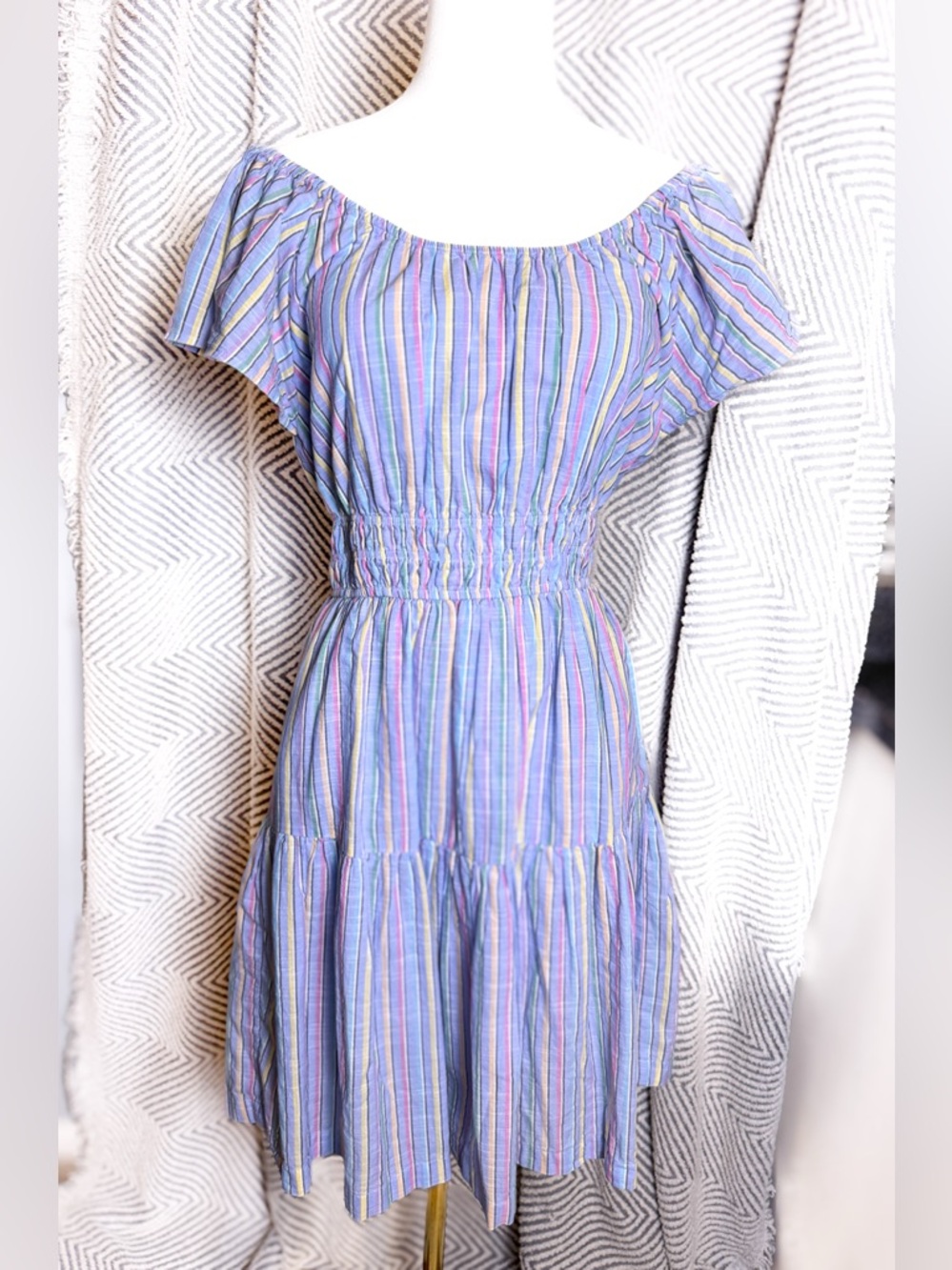GAP Flutter Sleeve Mini Dress Pastel Stripe Spring Staple Dress - Picture 4 of 8